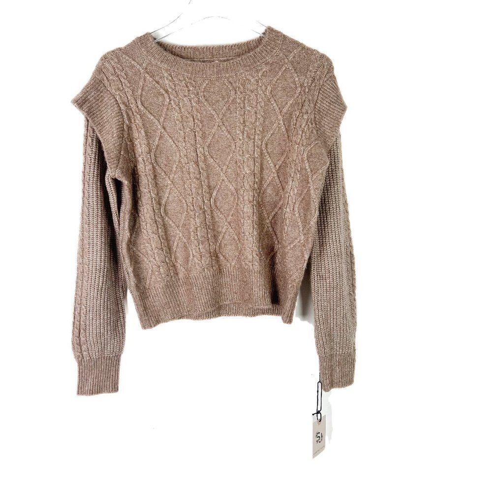 NWT Sincerely Jules Ruffle Shoulder Crewneck Sweater Oatmeal Size Small S NEW